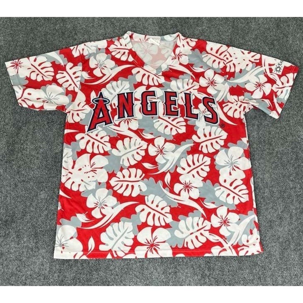 Kloanz LA Angels Men‎ Red Floral Hawaiian Short Sleeve V-Neck Jersey Size XL